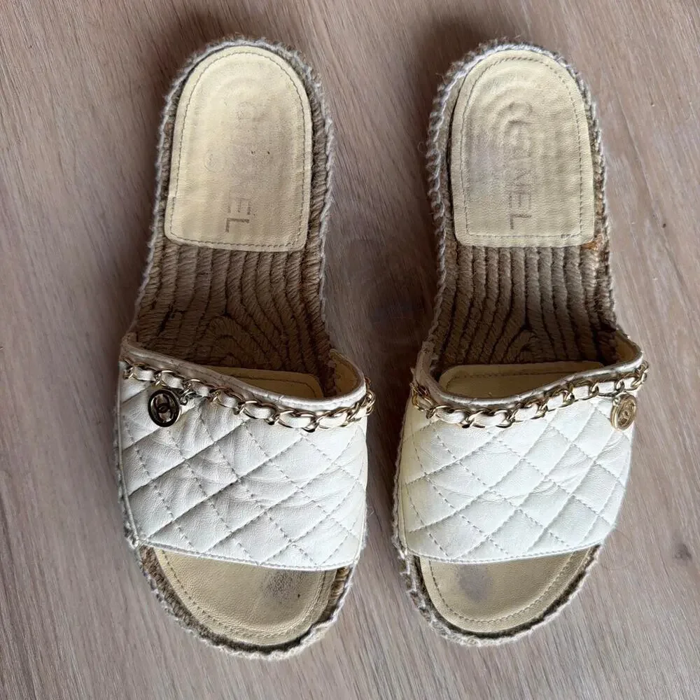 Chanel cream quilted leather sandals